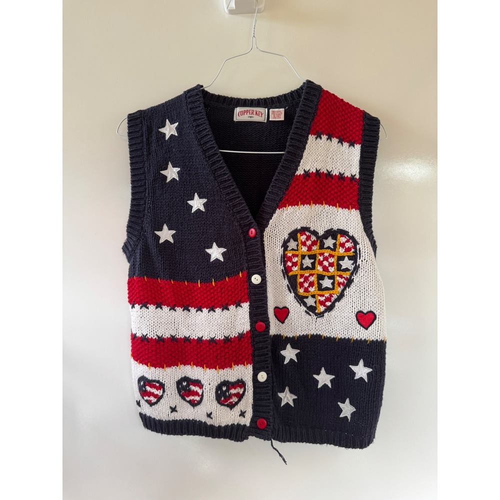 Copper Key Americana Patriotic Heart Star Knit Sweater Vest XL Red White Blue